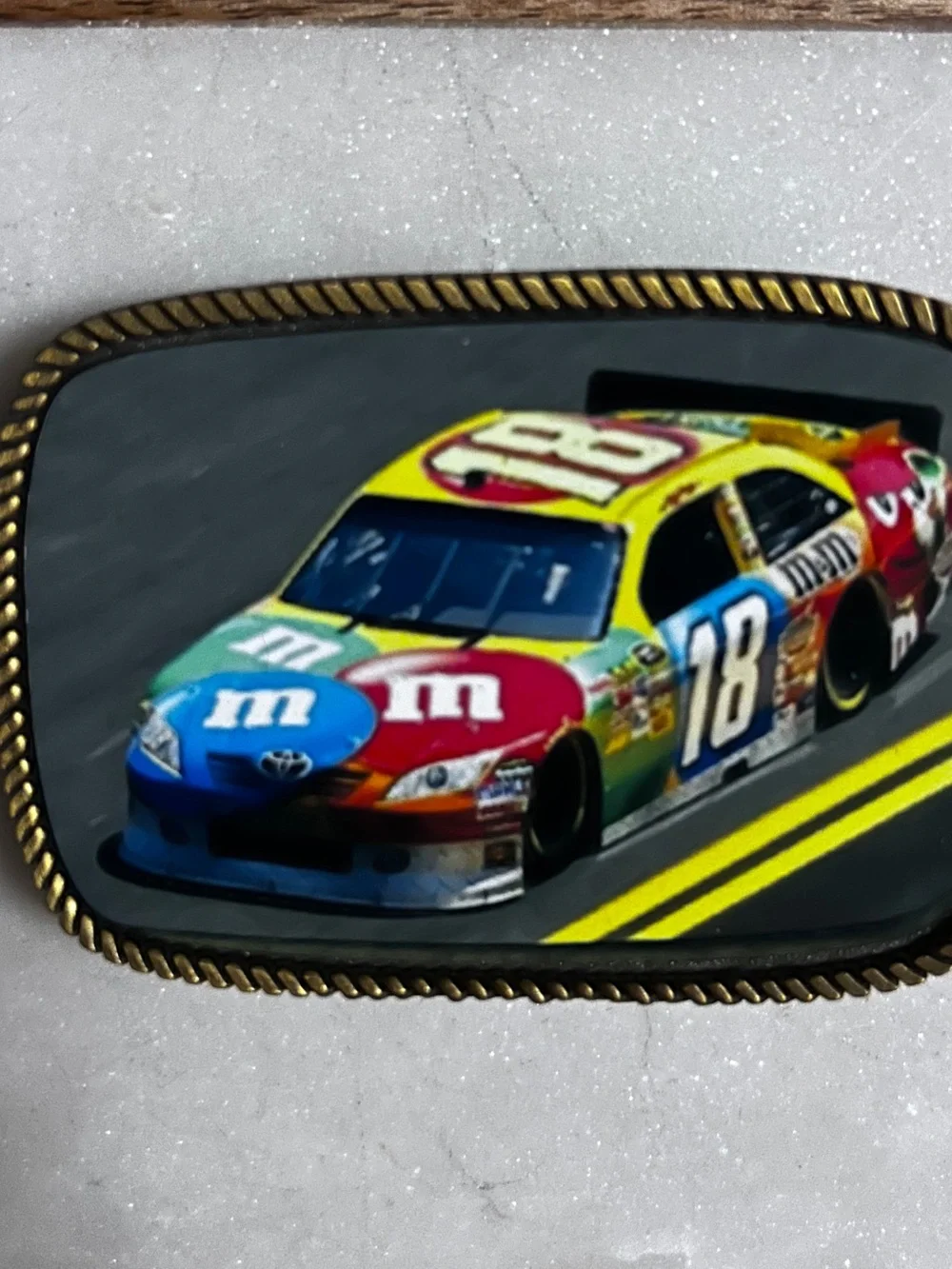 Kyle Busch's #18 M&M's NASCAR Multi-Colors ~ Gold Tone Metal Belt Buckle